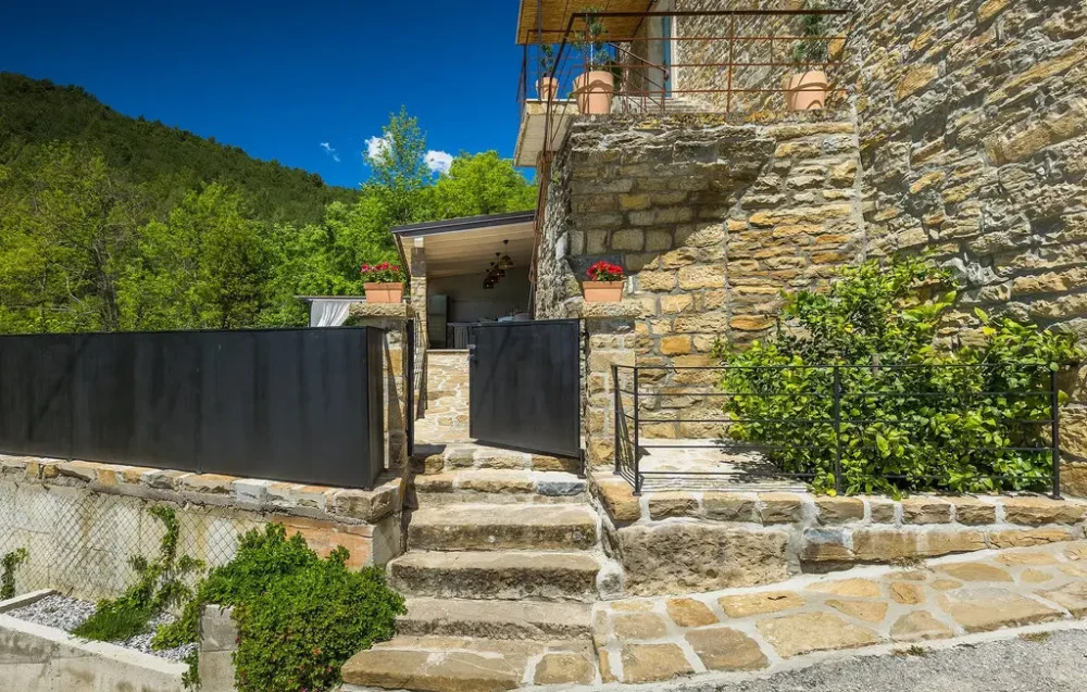 Stone house entrance with stairs and plants.