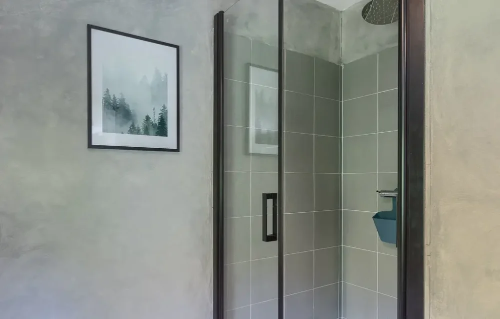 Modern shower with glass door and wall art