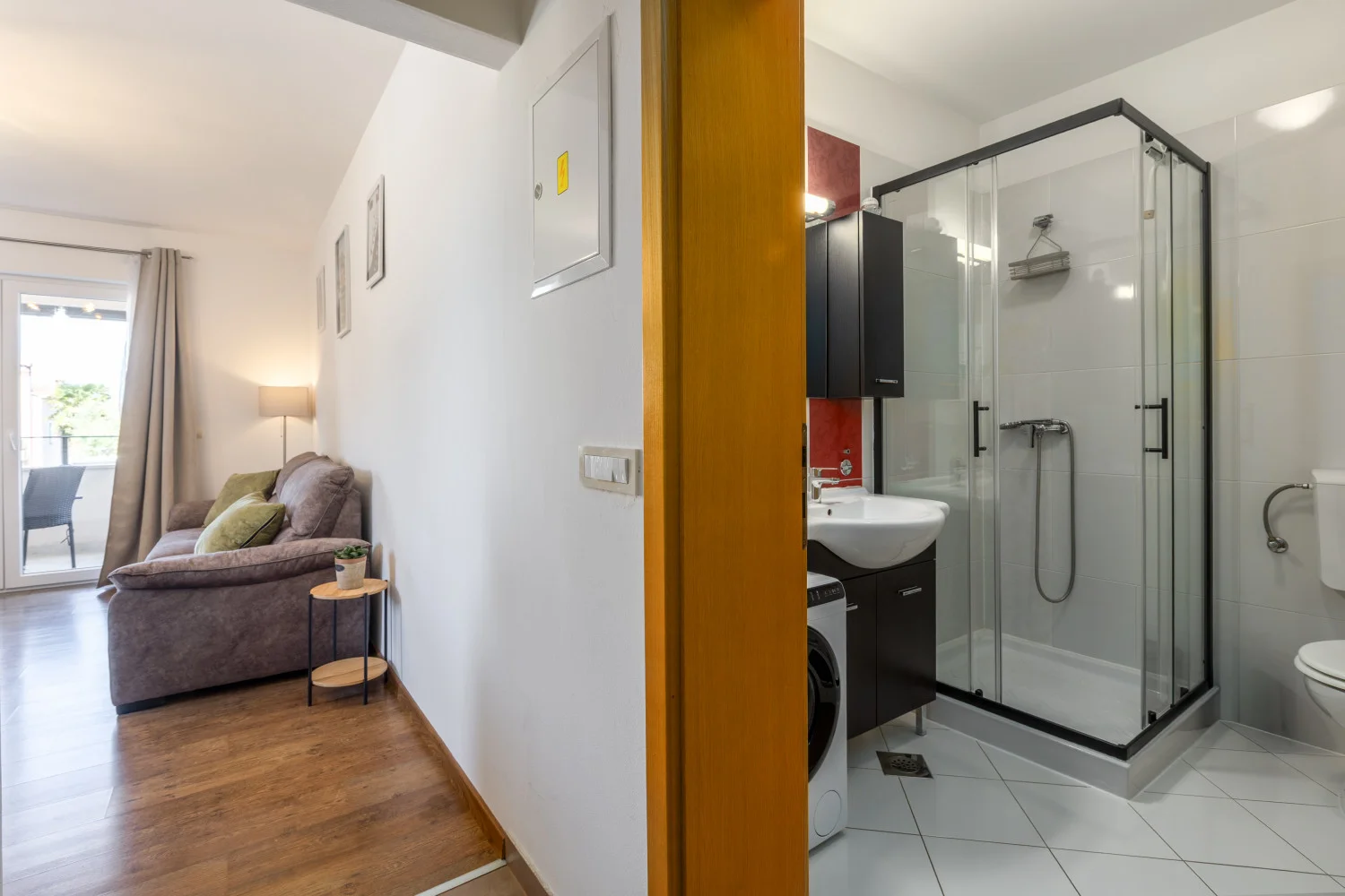 Modern bathroom and adjacent living room interior