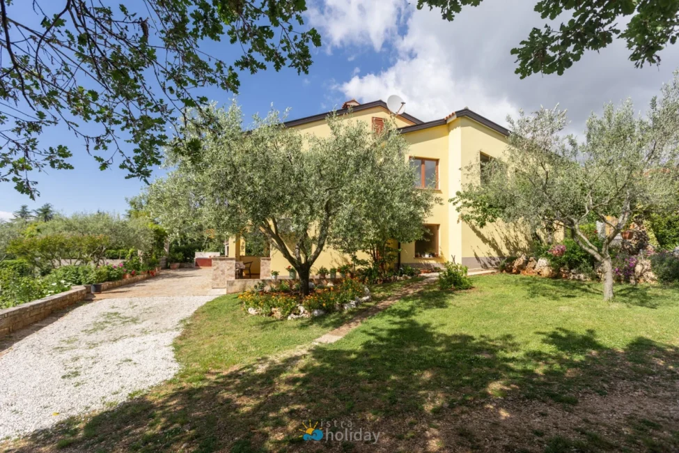 Yellow house with olive trees and garden lawn