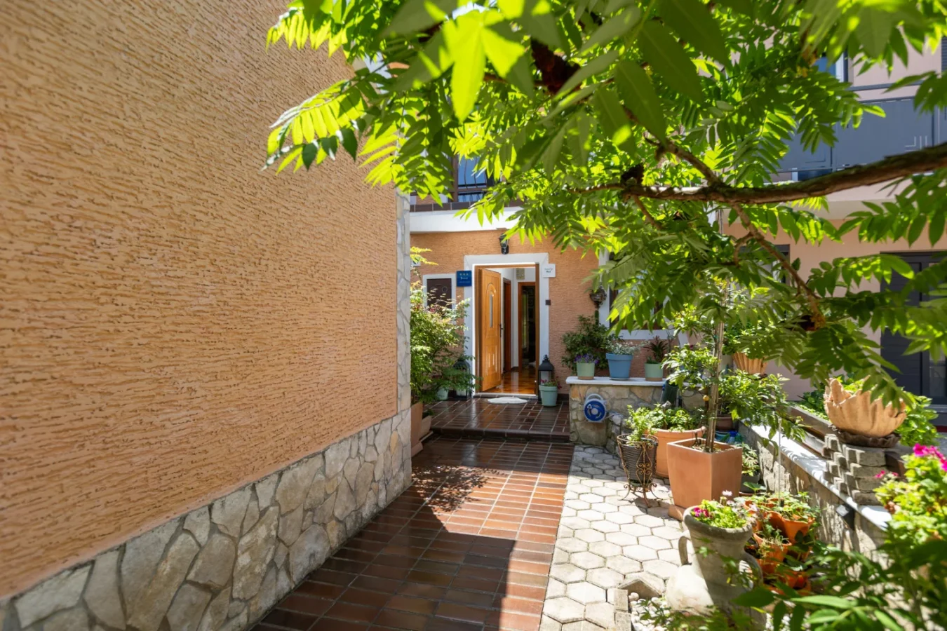 Sunny courtyard entrance with potted plants and open door