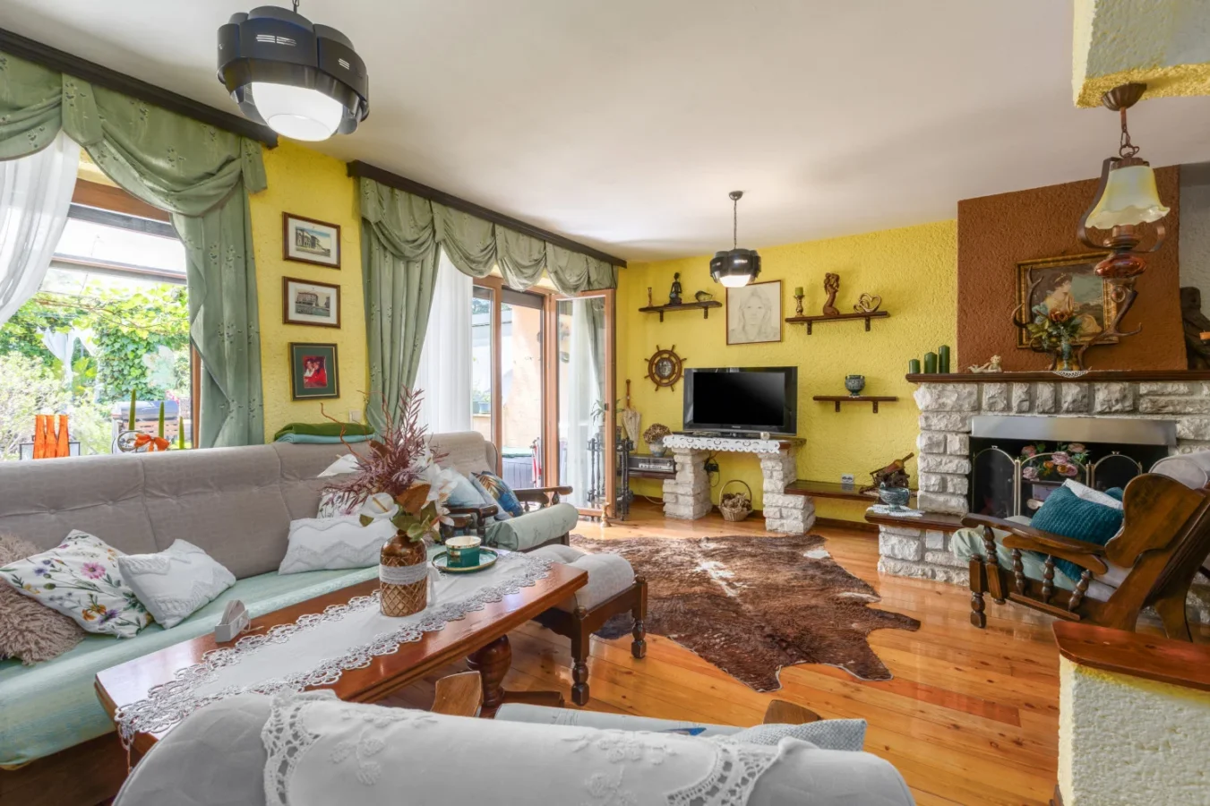 Cozy vintage living room with stone fireplace