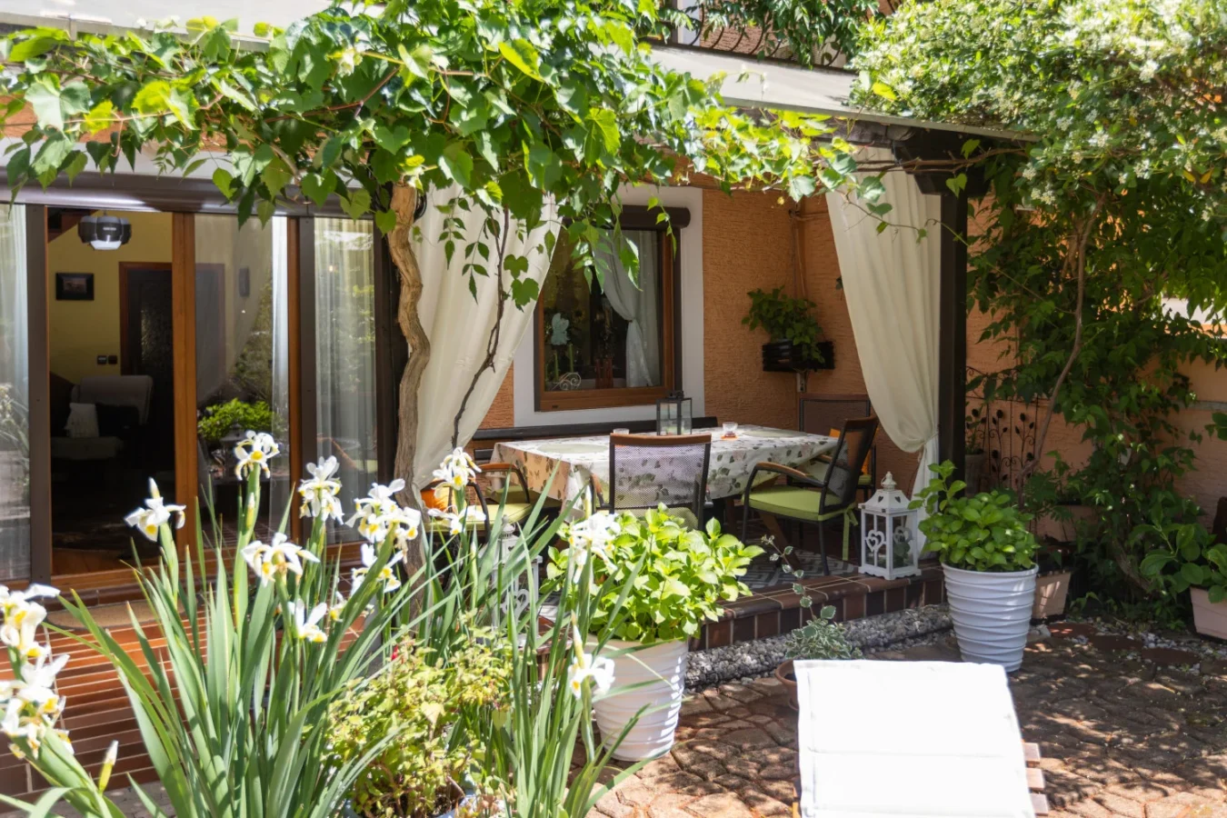 Cozy garden patio with table and lush greenery
