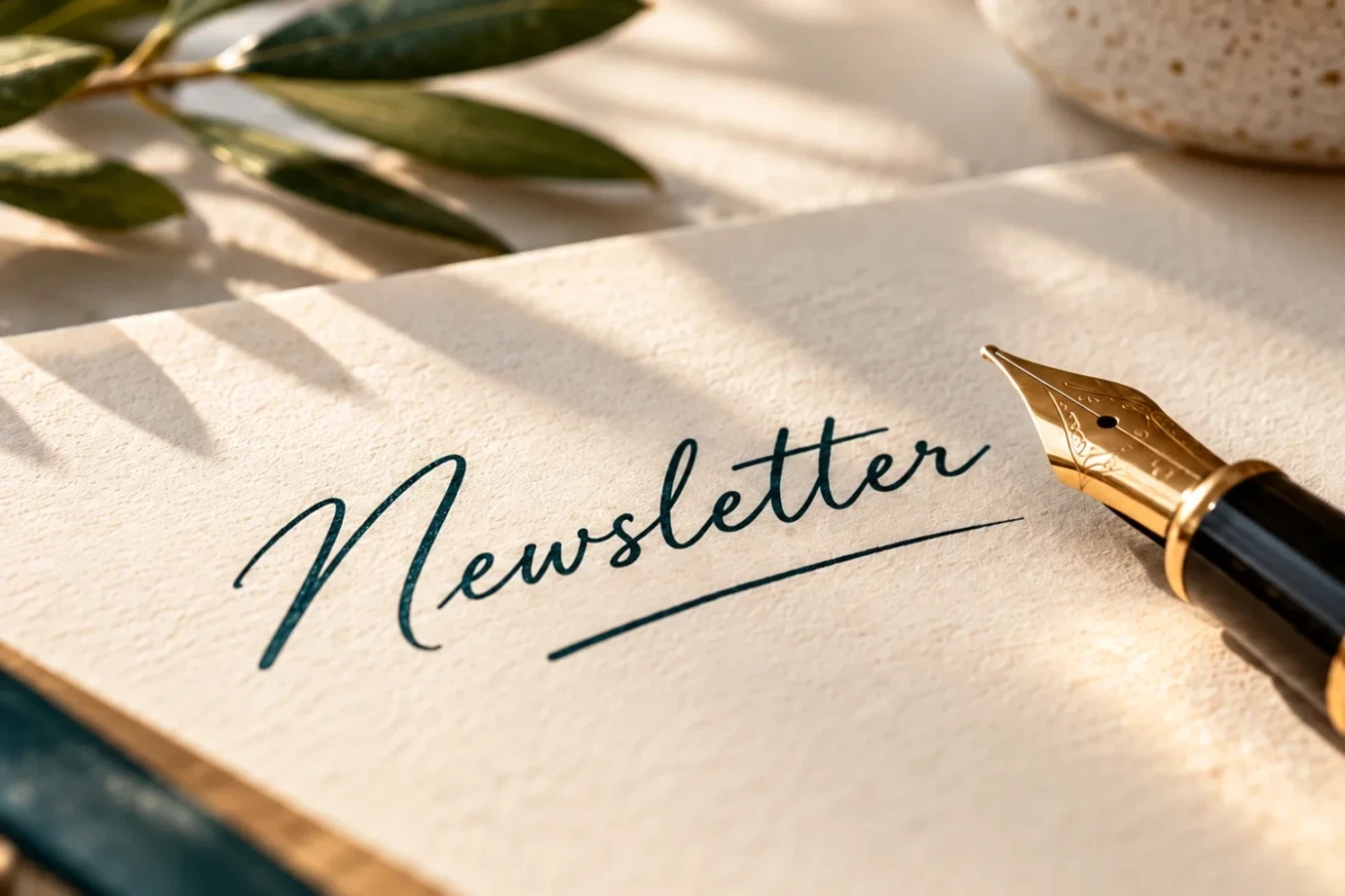 Riječ Newsletter ispisana tintom uz zlatno nalivpero