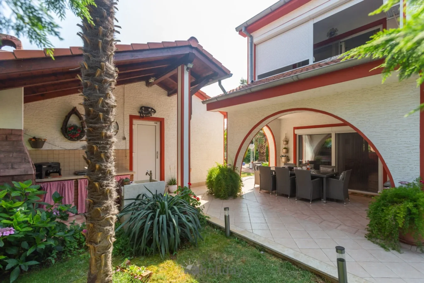 Outdoor patio with dining area and plants