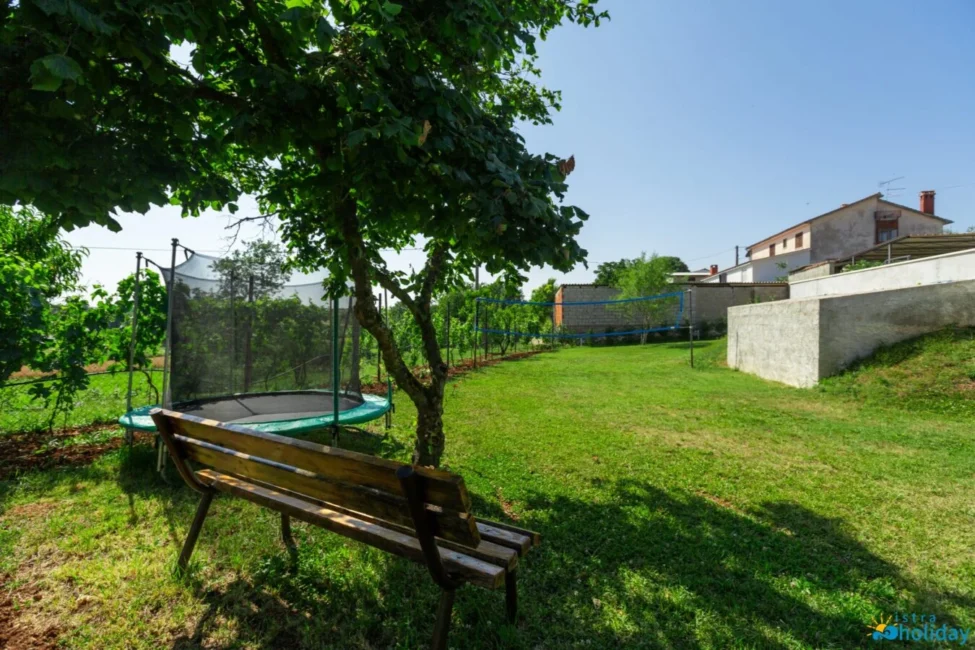 Garden with bench and trampoline, sunny day.