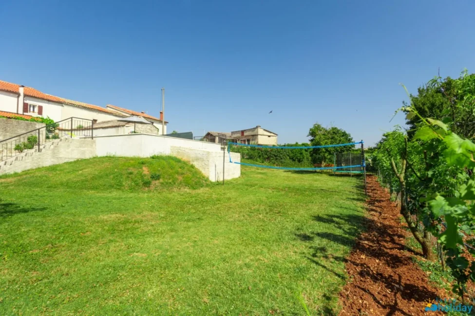 Spacious backyard with volleyball net and garden