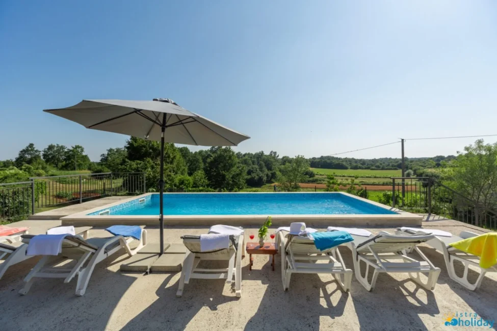 Relaxing poolside with countryside view.