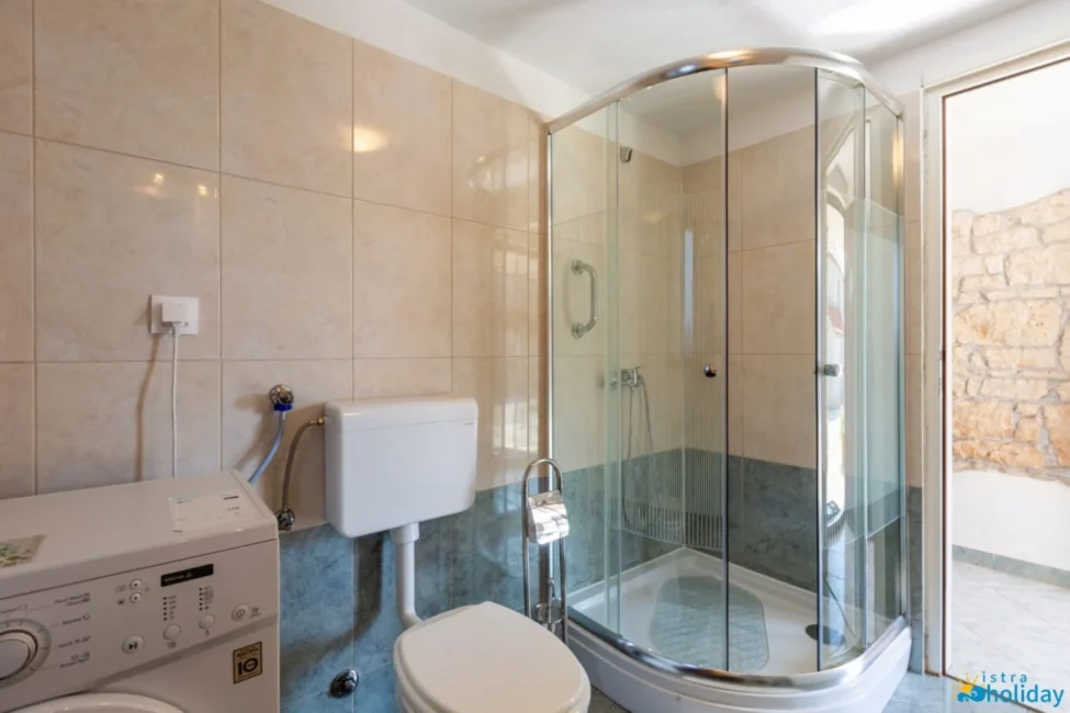Modern bathroom with shower and washing machine.