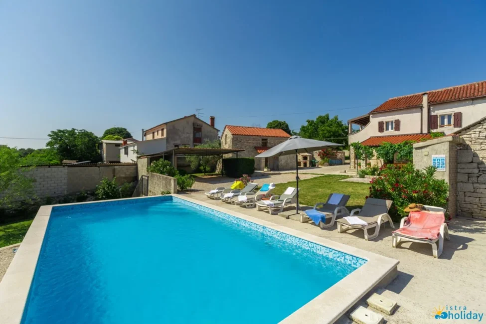 Sunny yard with swimming pool and loungers