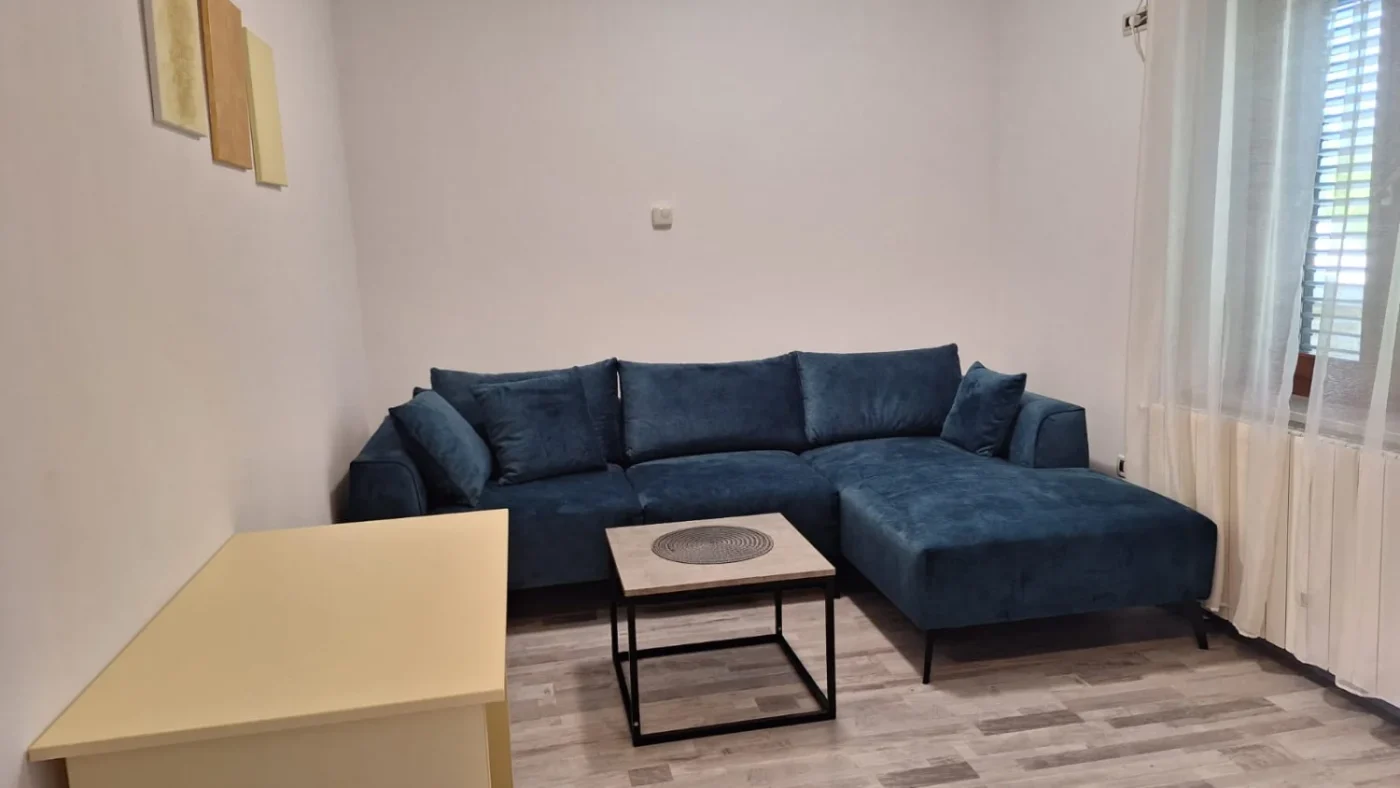 Modern living room with blue sectional sofa