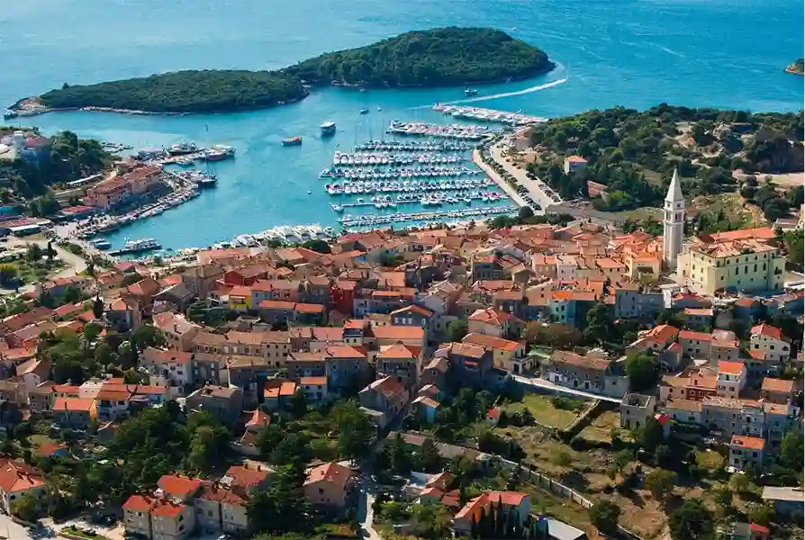 Aerial view of coastal town and marina