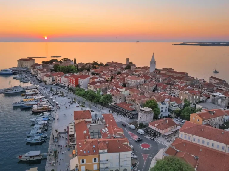Aerial view of coastal town at sunset